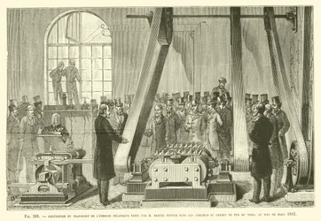 Experiment van mechanische energieoverdracht door M. Marcel Deprez in de werkplaatsen